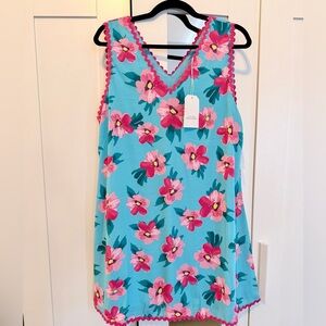 Sleeveless Turquoise Mini Dress with Pink Floral Trim